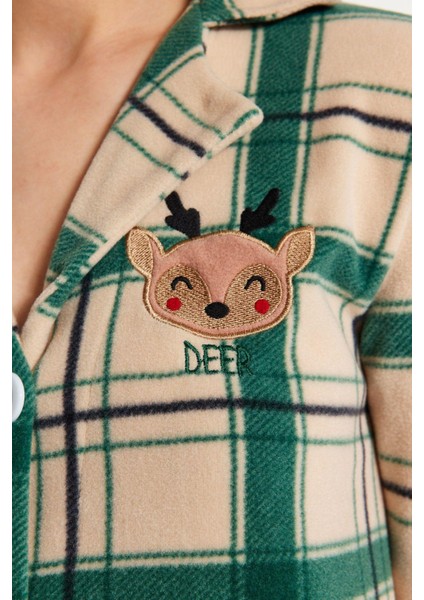 Tarz Rahat Uzun Kollu Boru Paça Nakışlı Ekoseli Polar Kışlık Örme Pijama Takımı