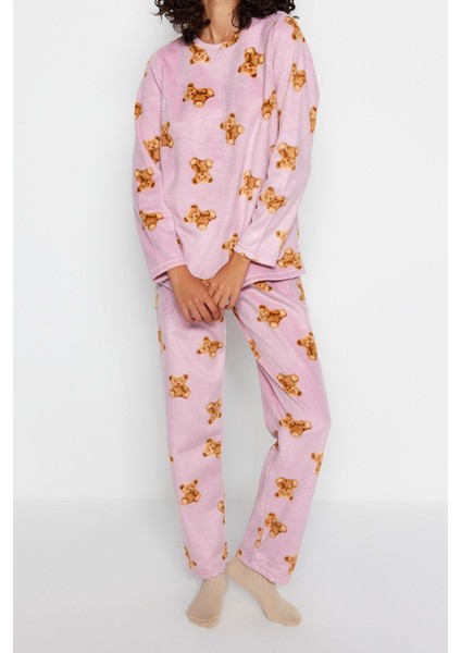 Tarz Rahat Uzun Kollu Boru Paça Polar Ayıcık Desenli Kışlık Örme Pijama Takımı