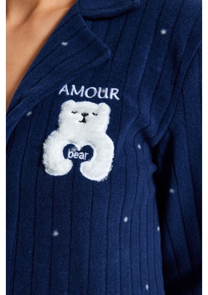 Tarz Rahat Uzun Kollu Boru Paça Puantiyeli Hayvan Baskılı Polar Kışlık Örme Pijama Takımı modelleri