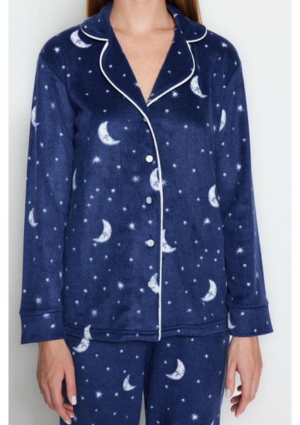 Tarz Rahat Uzun Kollu Boru Paça Ay Desenli Polar Kışlık Örme Pijama Takımı