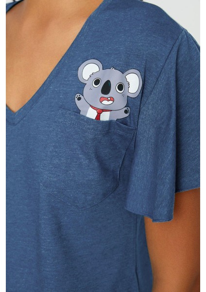 Tarz Rahat Kısa Kollu Boru Paça Pamuklu Koala Baskılı Kol Volan Detaylı Örme Pijama Takımı fiyatları