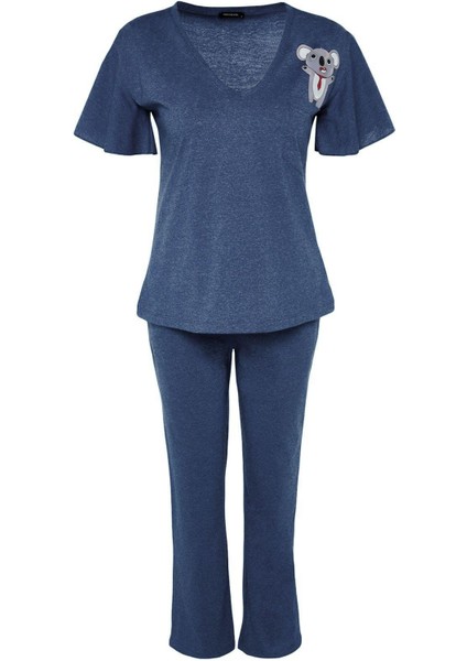 Tarz Rahat Kısa Kollu Boru Paça Pamuklu Koala Baskılı Kol Volan Detaylı Örme Pijama Takımı fırsatları