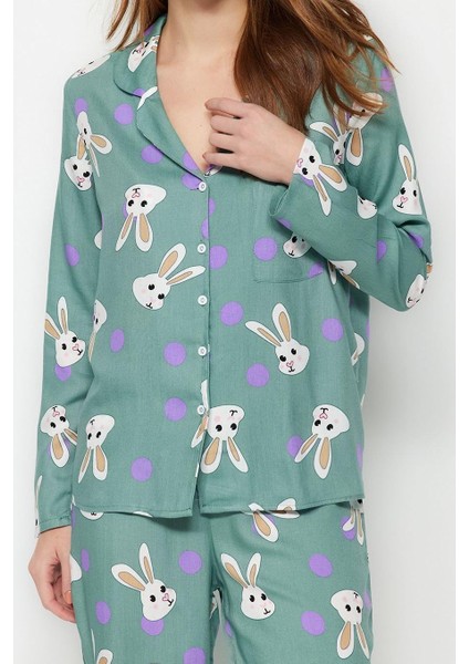 Tarz Rahat Uzun Kollu Boru Paça Tavşan Desenli Viskon Dokuma Pijama Takımı