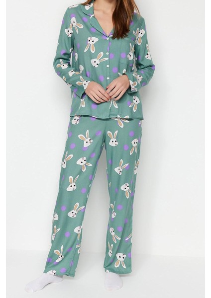 Tarz Rahat Uzun Kollu Boru Paça Tavşan Desenli Viskon Dokuma Pijama Takımı fırsatları