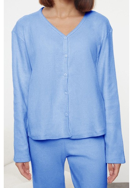 Tarz Rahat Uzun Kollu Boru Paça Fırçalı Soft Fitilli Hırka Örme Pijama Takımı