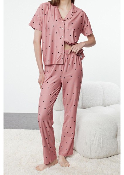 Tarz Rahat Kısa Kollu Boru Paça Kalpli Örme Pijama Takımı