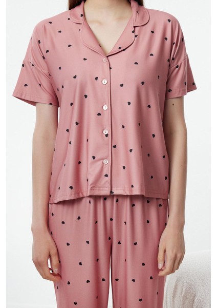 Tarz Rahat Kısa Kollu Boru Paça Kalpli Örme Pijama Takımı