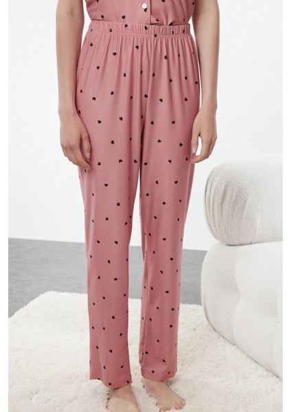 Tarz Rahat Kısa Kollu Boru Paça Kalpli Örme Pijama Takımı