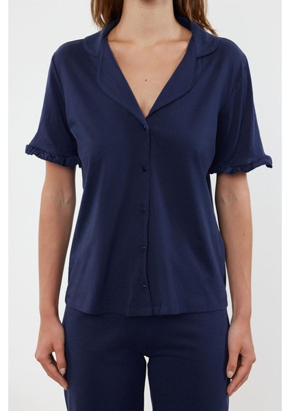 Tarz Rahat Kısa Kollu Boru Paça %100 Pamuklu Fırfır Detaylı Örme Pijama Takımı