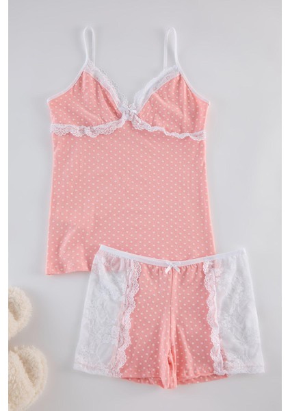 Rahat Kolsuz Kol Dar Paça Pamuklu Puantiyeli Dantel ve Kurdele Fiyonk Detaylı Örme Pijama Takımı fiyatları