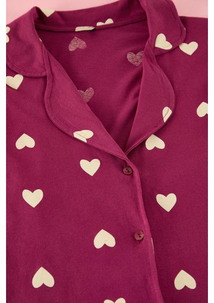 Tarz Rahat Büyük Beden Uzun Kollu Geniş Paça Vişne Kalpli Örme Pijama Takımı