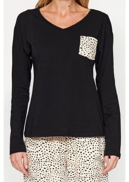 Tarz Rahat Uzun Kollu Boru Paça %100 Pamuk Leopar Desenli Tshirt-Pantolon Örme Pijama Takımı
