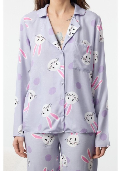 Tarz Rahat Uzun Kollu Boru Paça Tavşan Desenli Viskon Anne Kız Dokuma Pijama Takımı