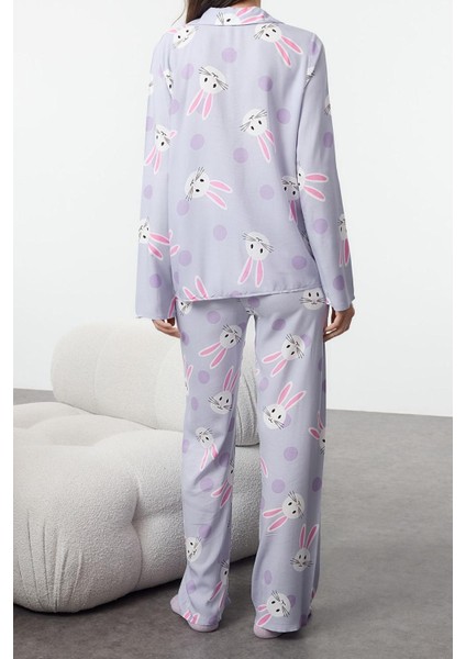 Tarz Rahat Uzun Kollu Boru Paça Tavşan Desenli Viskon Anne Kız Dokuma Pijama Takımı fiyatları