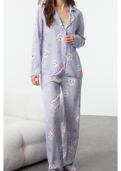 Tarz Rahat Uzun Kollu Boru Paça Tavşan Desenli Viskon Anne Kız Dokuma Pijama Takımı fırsatları