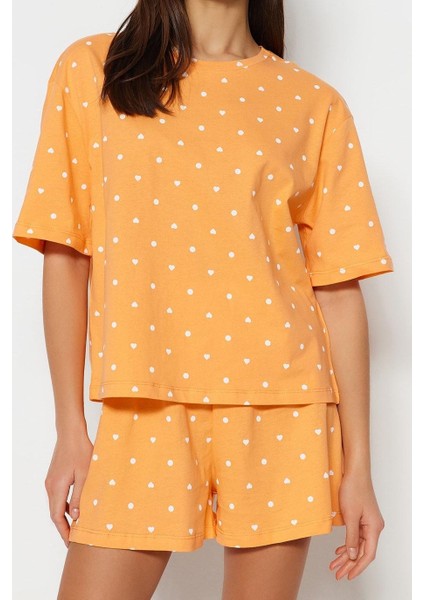 Tarz Rahat Kısa Kollu Boru Paça Pamuklu Kalp Desenli T-Shirt-Şort Örme Pijama Takımı