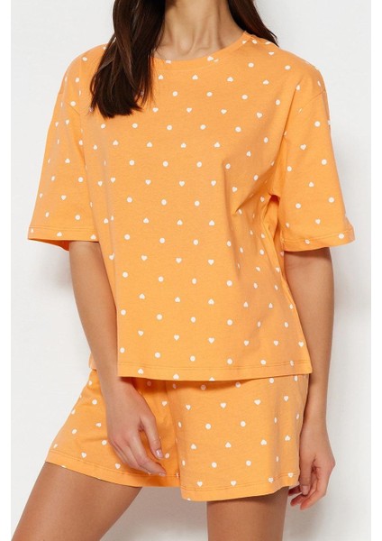 Tarz Rahat Kısa Kollu Boru Paça Pamuklu Kalp Desenli T-Shirt-Şort Örme Pijama Takımı