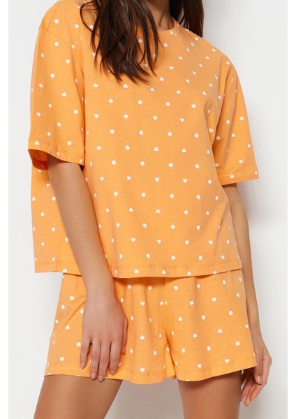 Tarz Rahat Kısa Kollu Boru Paça Pamuklu Kalp Desenli T-Shirt-Şort Örme Pijama Takımı