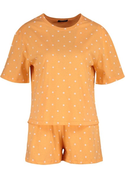 Tarz Rahat Kısa Kollu Boru Paça Pamuklu Kalp Desenli T-Shirt-Şort Örme Pijama Takımı