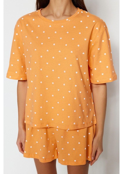 Tarz Rahat Kısa Kollu Boru Paça Pamuklu Kalp Desenli T-Shirt-Şort Örme Pijama Takımı