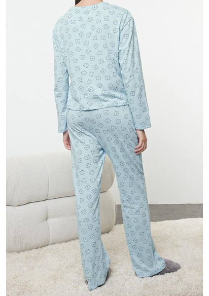 Tarz Rahat Uzun Kollu Geniş Paça Pamuklu Ayıcık Desenli Örme Pijama Takımı
