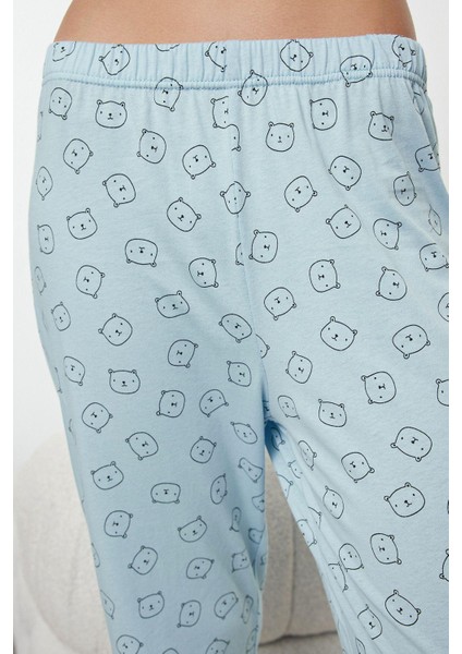 Tarz Rahat Uzun Kollu Geniş Paça Pamuklu Ayıcık Desenli Örme Pijama Takımı