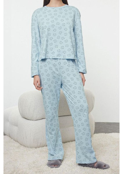 Tarz Rahat Uzun Kollu Geniş Paça Pamuklu Ayıcık Desenli Örme Pijama Takımı