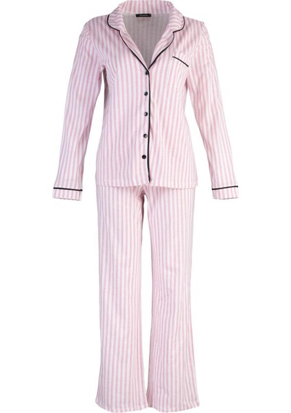 Tarz Rahat Uzun Kollu Geniş Paça Pamuklu Çizgili Biyeli Örme Pijama Takımı fırsatları