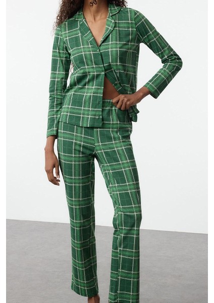 Tarz Rahat Uzun Kollu Boru Paça Pamuklu Ekoseli Örme Pijama Takımı fırsatları