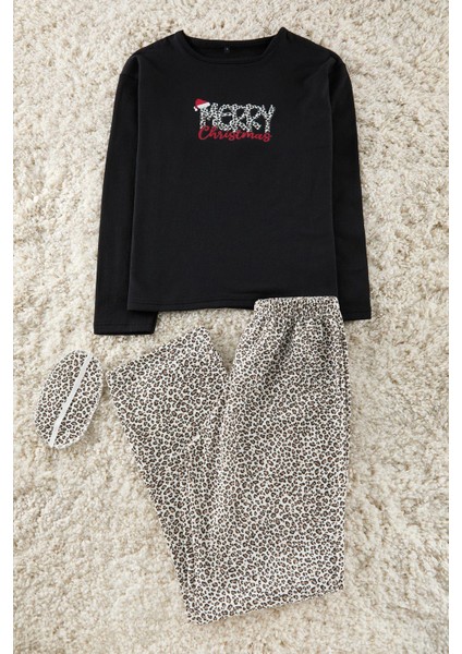 Tarz Rahat Uzun Kollu Boru Paça Pamuklu Leopar Desenli ve Yılbaşı Temalı Uyku Bantlı Pijama Takımı