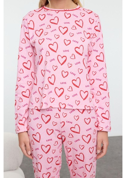 Tarz Rahat Uzun Kollu Geniş Paça %100 Pamuklu Kalpli Biyeli Örme Pijama Takımı