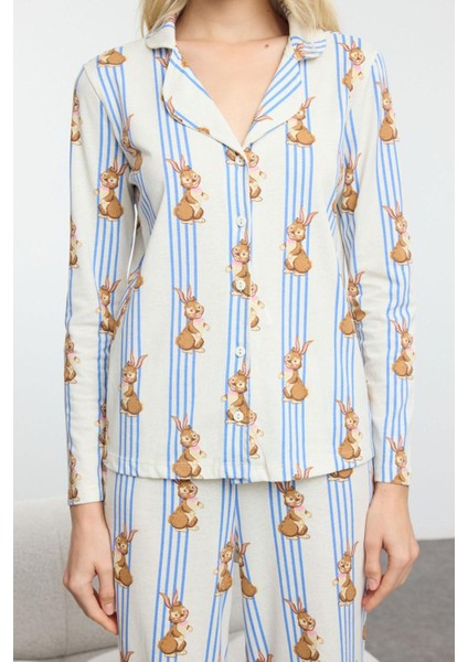 Tarz Rahat Uzun Kollu Boru Paça Pamuklu Çizgili Tavşan Desenli Örme Pijama Takımı