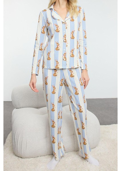 Tarz Rahat Uzun Kollu Boru Paça Pamuklu Çizgili Tavşan Desenli Örme Pijama Takımı fırsatları