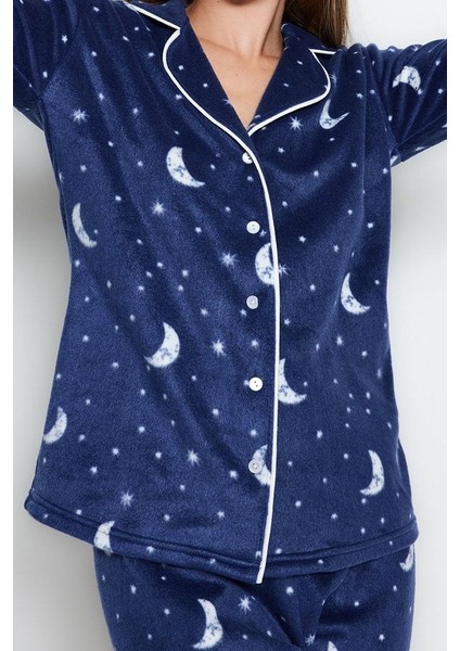 Tarz Rahat Uzun Kollu Boru Paça Ay Desenli Polar Kışlık Örme Pijama Takımı