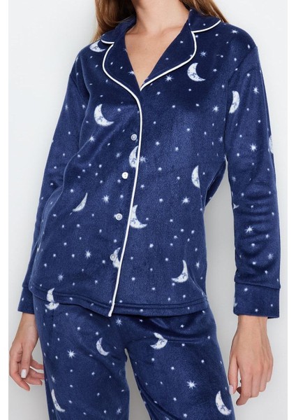 Tarz Rahat Uzun Kollu Boru Paça Ay Desenli Polar Kışlık Örme Pijama Takımı modelleri