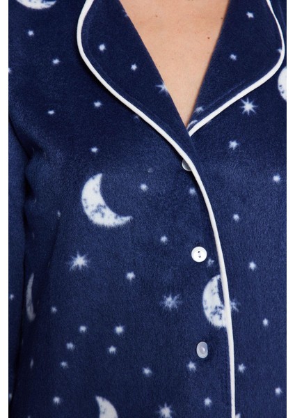 Tarz Rahat Uzun Kollu Boru Paça Ay Desenli Polar Kışlık Örme Pijama Takımı indirimleri