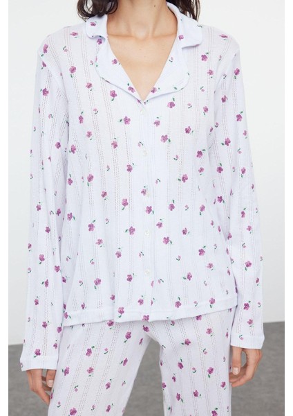 Tarz Rahat Uzun Kollu Boru Paça Pamuklu Çiçekli Ajurlu Delikli Fitilli Örme Pijama Takımı
