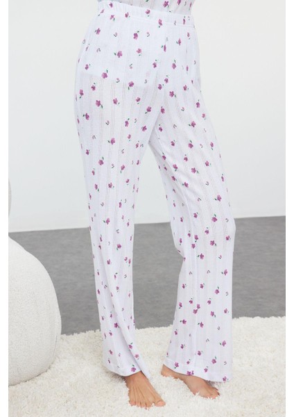 Tarz Rahat Uzun Kollu Boru Paça Pamuklu Çiçekli Ajurlu Delikli Fitilli Örme Pijama Takımı modelleri