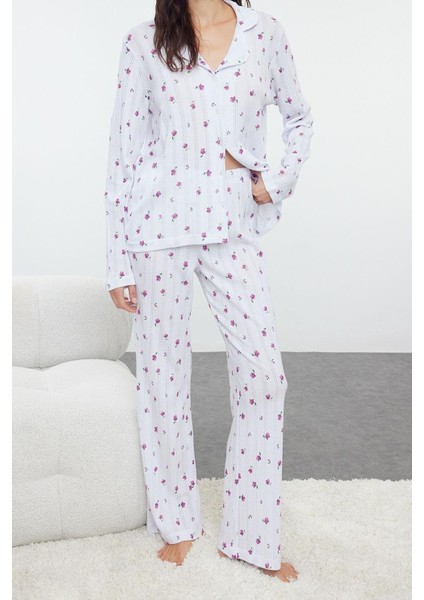 Tarz Rahat Uzun Kollu Boru Paça Pamuklu Çiçekli Ajurlu Delikli Fitilli Örme Pijama Takımı fırsatları