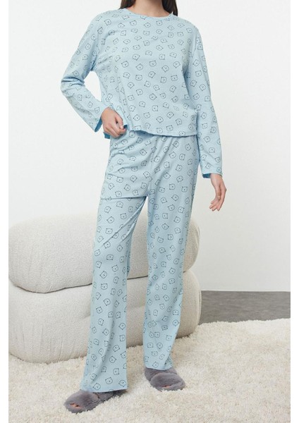 Tarz Rahat Uzun Kollu Geniş Paça Pamuklu Ayıcık Desenli Örme Pijama Takımı