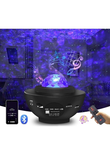 LED Yıldız Bluetooth Hoparlör USB Projektör Okyanus Dalgası 21 Modlu Gece Lambası