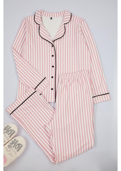Kadın Büyük Beden Boru Paça Uzun Kol Çizgili Biyeli Içi Polarlı Gömlek-Pantolon Pijama Takımı
