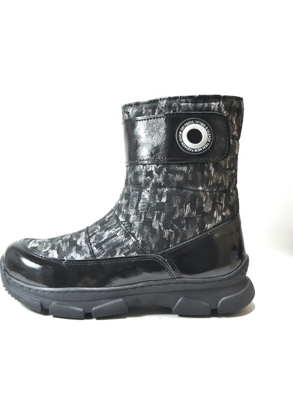 90138 Hakiki Deri Gri Siyah Kürklü Fermuarlı Kadın Bot