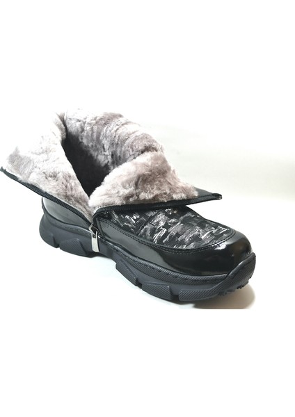 90138 Hakiki Deri Gri Siyah Kürklü Fermuarlı Kadın Bot fırsatları
