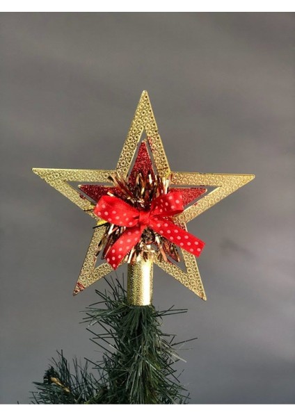 1 Adet 10 cm Yılbaşı Çam Ağacı Tepe Süsü Gold Özel Süslemeli Fiyonku