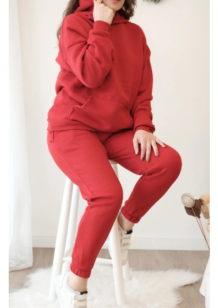 Kadın Oversize Geniş 3 Iplik Polarlı Şardonlu %100 Pamuk Kapüşonlu Eşofman Takımı fiyatları