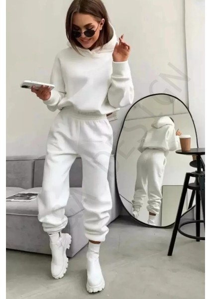 Kadın Oversize Geniş 3 Iplik Polarlı Şardonlu %100 Pamuk Kapüşonlu Eşofman Takımı