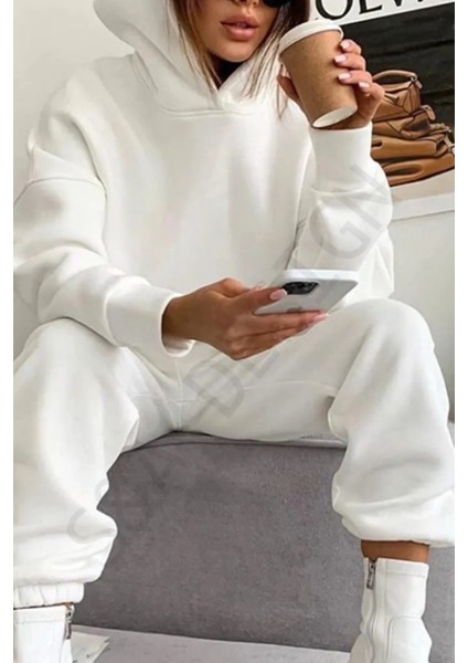 Kadın Oversize Geniş 3 Iplik Polarlı Şardonlu %100 Pamuk Kapüşonlu Eşofman Takımı modelleri