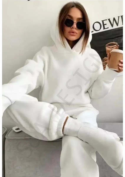 Kadın Oversize Geniş 3 Iplik Polarlı Şardonlu %100 Pamuk Kapüşonlu Eşofman Takımı