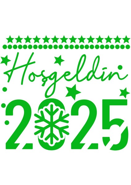 El Yazısı ile Hoşgeldin 2025 Yazısı ve Kar Tanesi Cam Vitrin Mağaza Süslemeleri - Yeşil